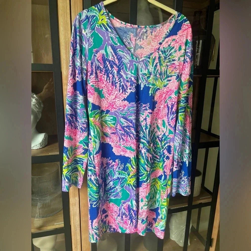 Lilly Pulitzer beacon dress long sleeve vneck coral print Pima cotton shift